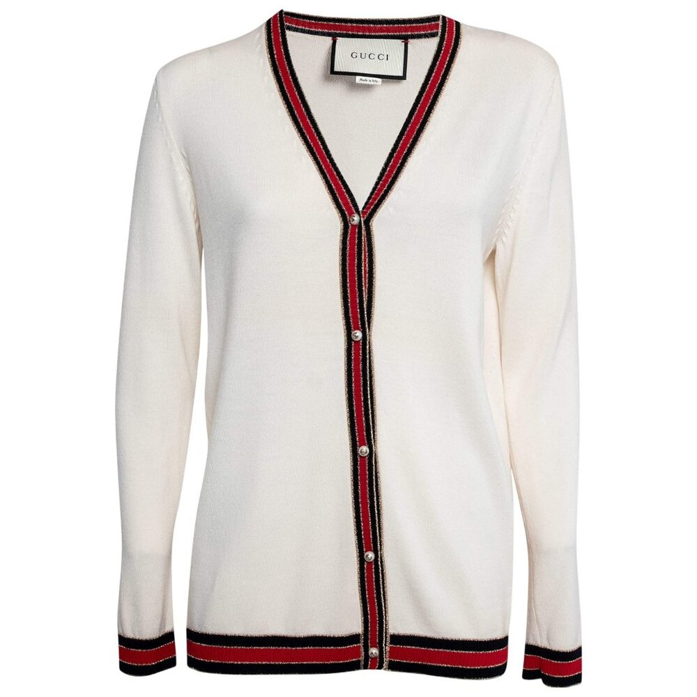 Authentic Gucci Ivory Cream Web Stripe Trimmed Buttons Wool Cardigan Sweater S